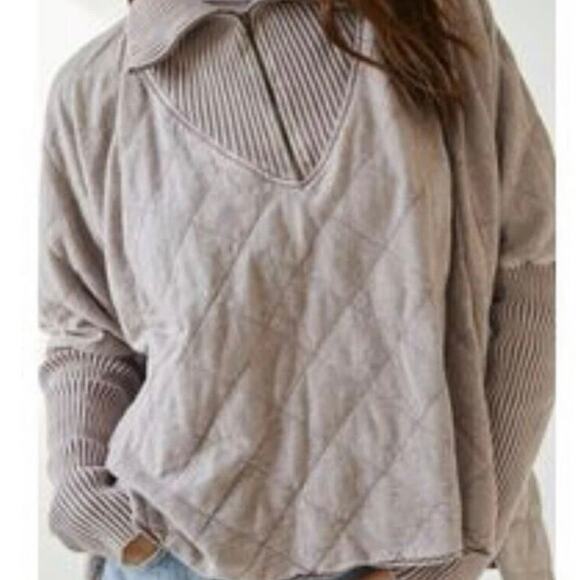 Free People Fp One Shiloh Sweatshirt Pullover Zip Oversized Ribbed sz M beige - Picture 2 of 16